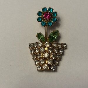 Vintage Bauer Goldtone Brooch with Blue and Pink Rhinestones Flower.
